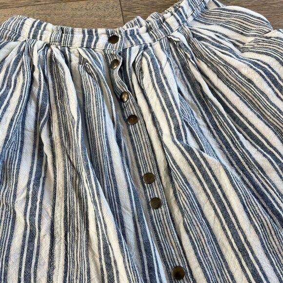 Blue & Off White Striped Linen Blend Button-Front Midi Skirt Size S - Picture 2 of 7